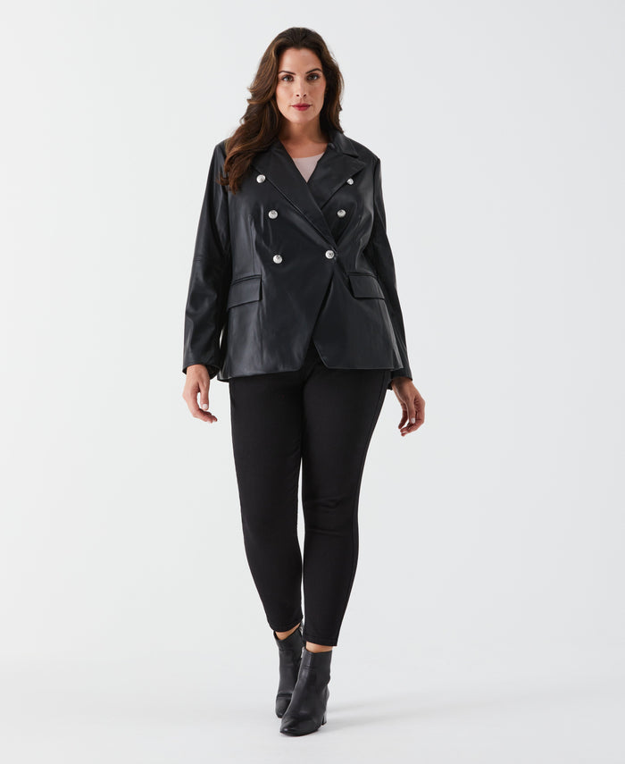 Plus Size Vegan Leather Double Breasted Blazer (Black)