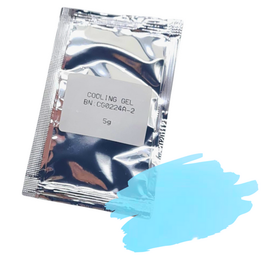 A sealed silver sachet labeled 'COOLING GEL 5g' with a visual representation of a cooling effect on the lower right corner.