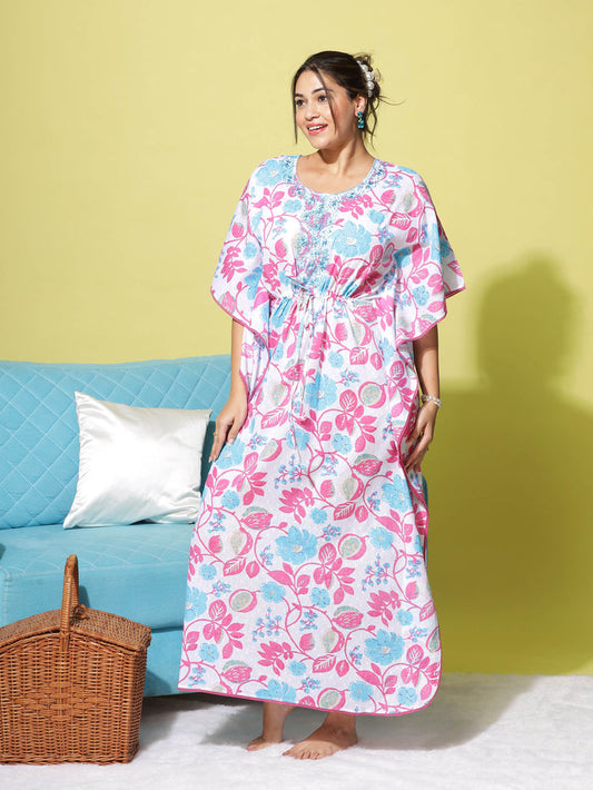 Branded Floral Print White Cotton Kaftan Nighty for Women