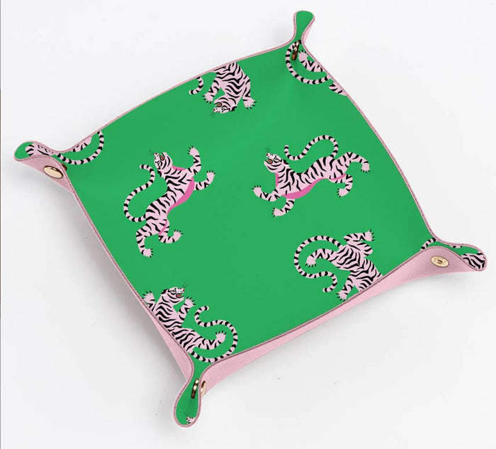 Aspen Lane preppy tiger trinket tray with colorful tiger design and decorative edges, perfect for jewelry or small accessories.