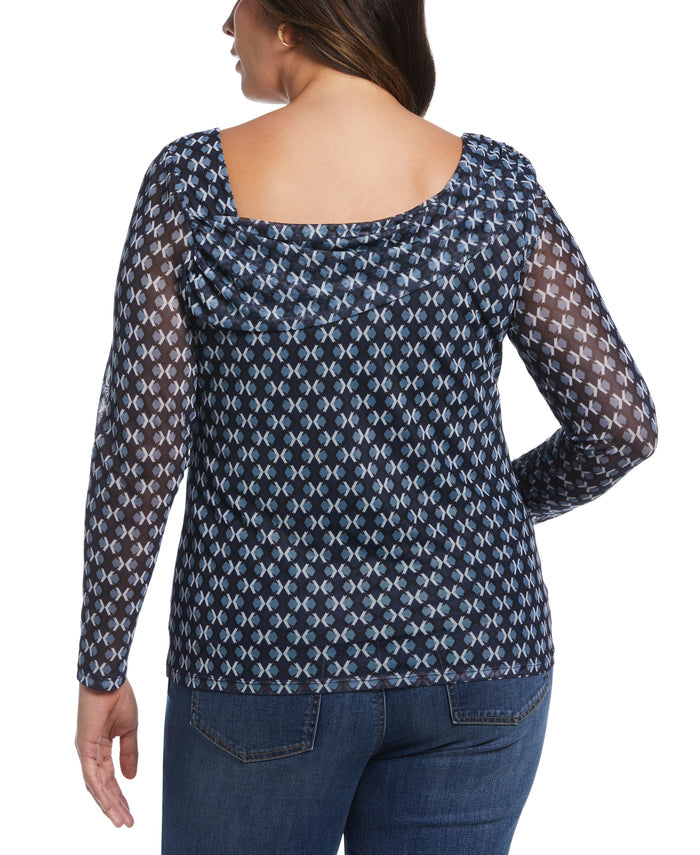 Printed Mesh Drape Neck Top (Mood Indigo)