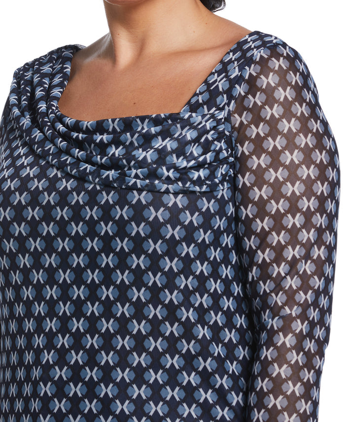 Printed Mesh Drape Neck Top (Mood Indigo)