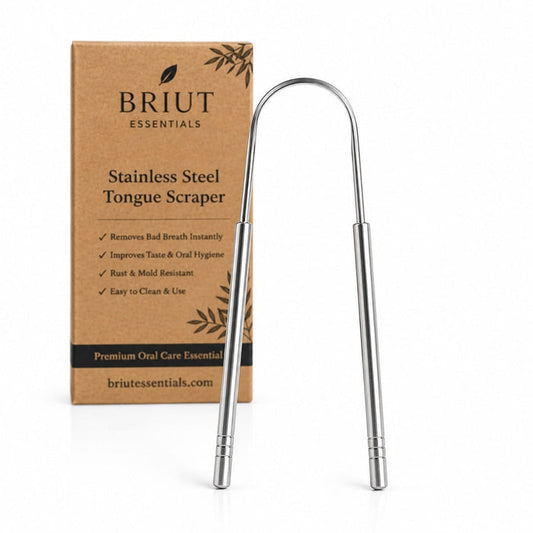 Briut PureSteel tongue scraper — medical-grade stainless steel hero shot