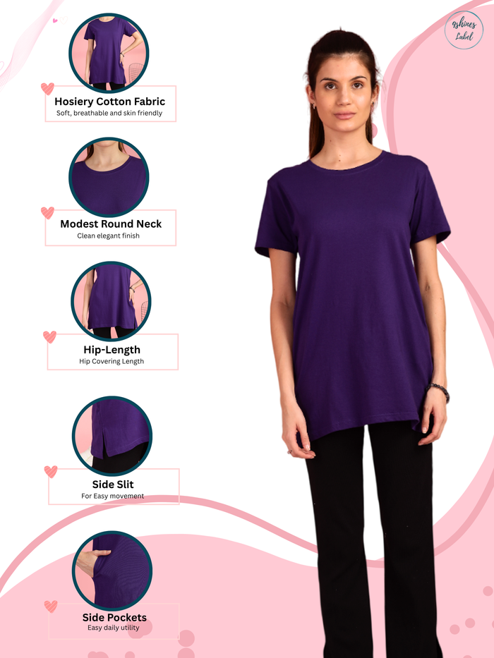 Purple Hip Covering Cotton T-Shirt for Women Lounge Wear