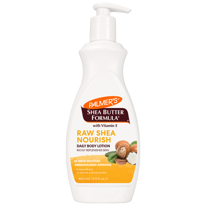 Raw Shea Nourish Body Lotion, 400 ml pump bottle, dermatologist-approved.