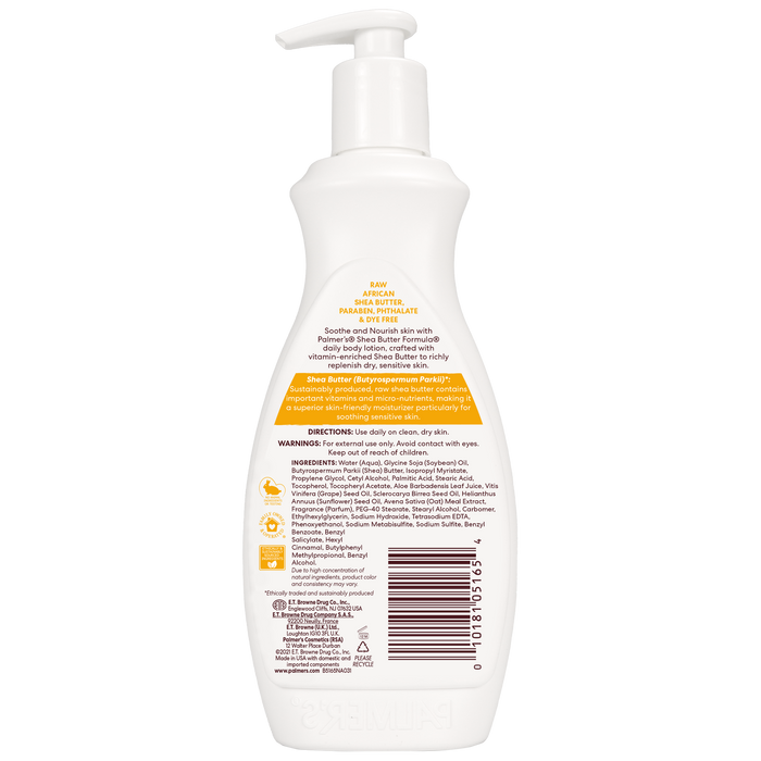 Back of Palmer's Raw Shea Nourish Body Lotion bottle with label details.