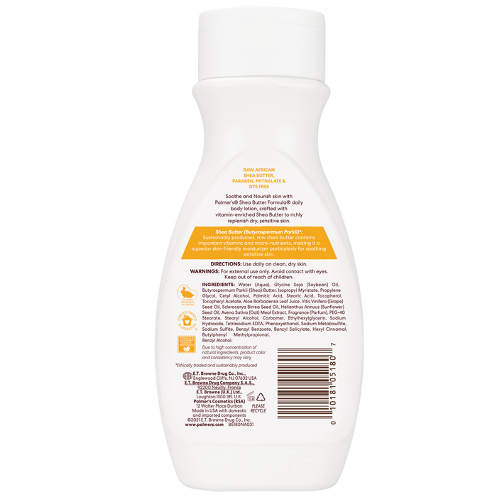 Back of Palmer’s® Raw Shea Nourish Body Lotion bottle.