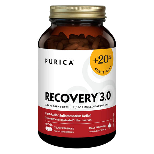 Bottle of Purica Recovery 3.0 Extra Strength Bonus Size 144 Veggie Capsules