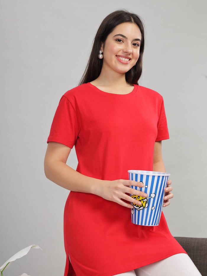 Stylish Solid Red Long T Shirt for Women with Pockets