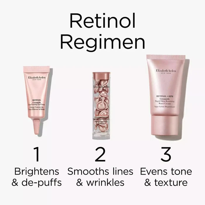 Retinol Regimen. Step 1- Brighten and depuff with Retinol Eye Cream. Step 2- Smooth lines and wrinkles with Retinol HPR Capsules. Step 3- Even tone and texture with Retinol HPR Water Cream