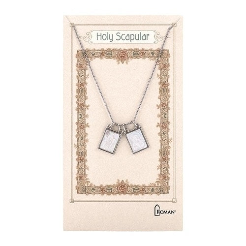 Rhodium Mother of Pearl Double Scapular Necklace 18" Chain