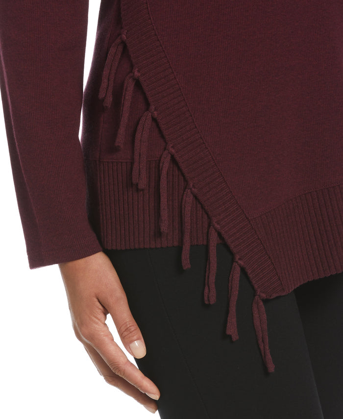 Ribbed Asymmetrical Fringe Hem Top (Dark Cherry Heather)