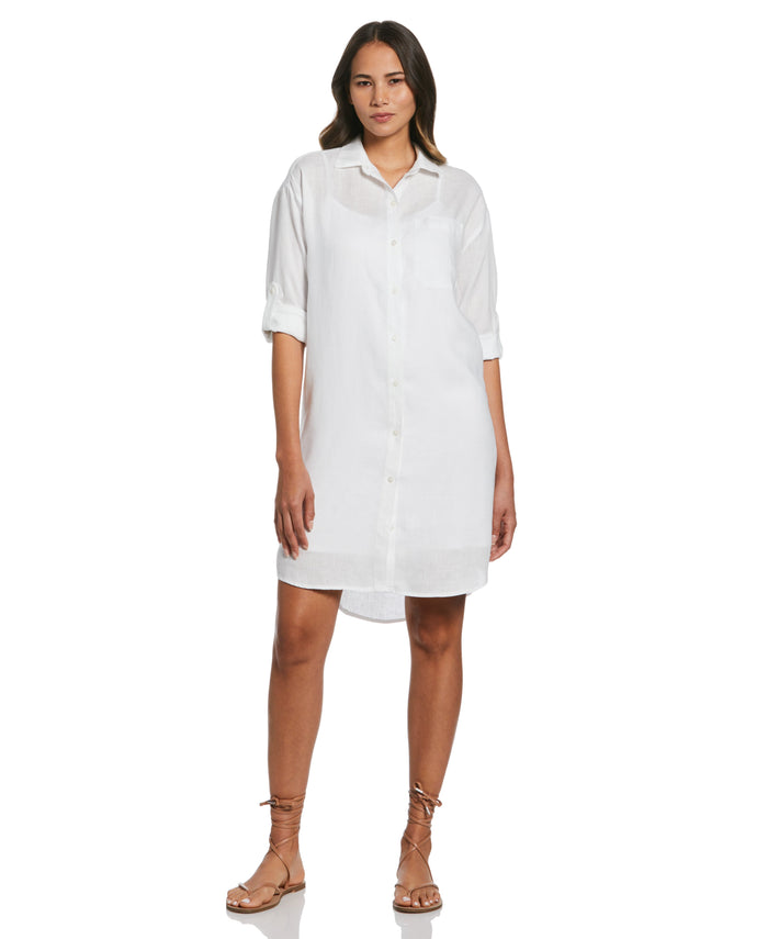 Roll Sleeve Linen Shirt Dress (White)