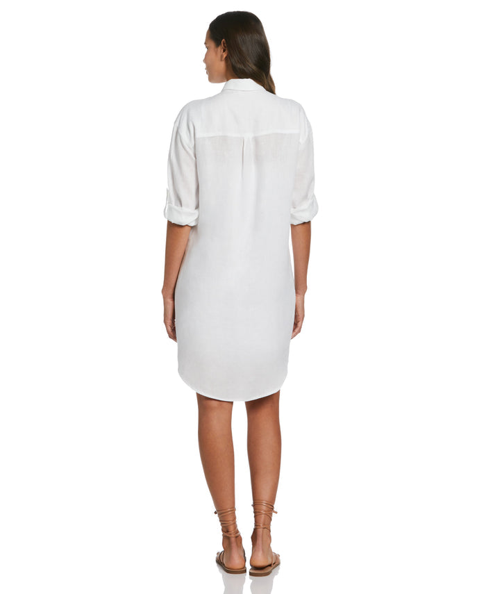 Roll Sleeve Linen Shirt Dress (White)