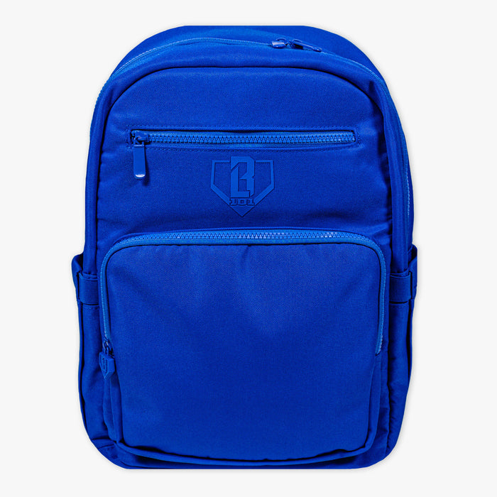 Adult model wearing blue backpack with "Rotation" design