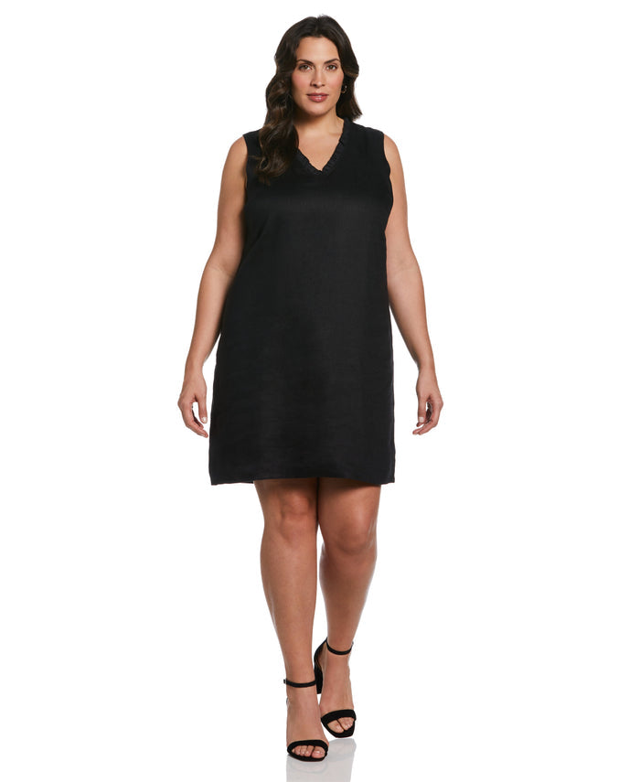 Ruffle Neck Linen Dress (Black)