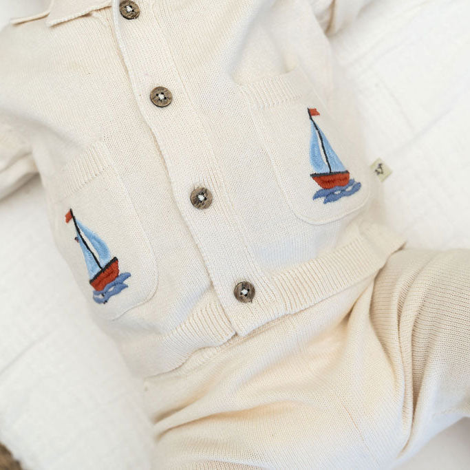 Sailboat Embroidered Pocket Baby Shirt & Pants Set (Organic Cotton) Model Detail