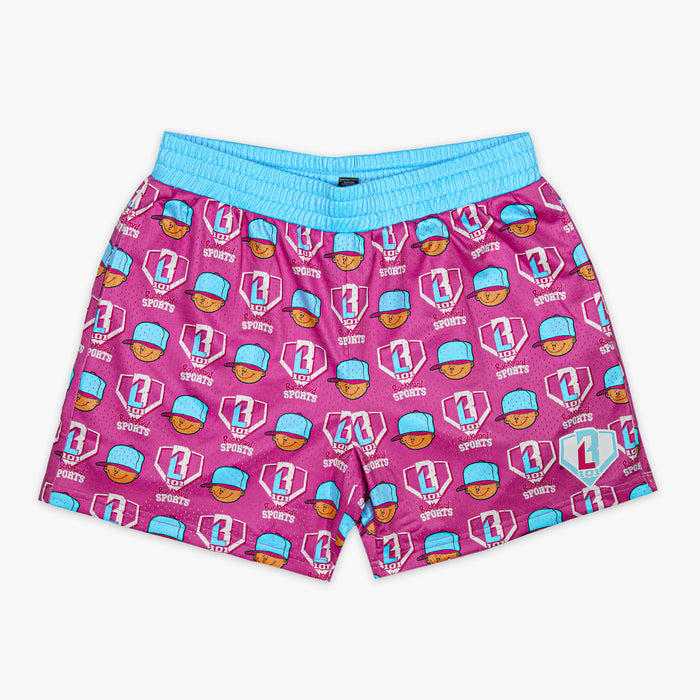 Pink shorts with blue waistband featuring Pablo Sanchez design and BL101 logo on a white background
