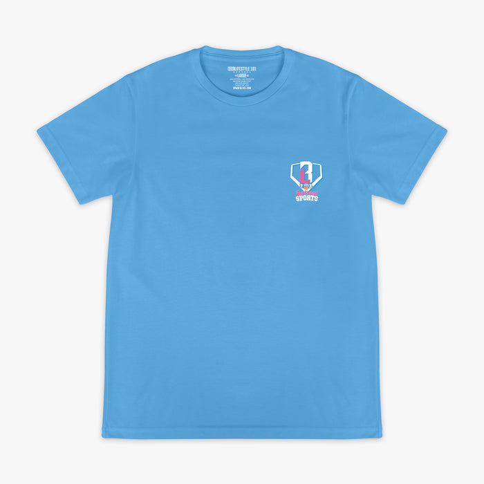 Blue t-shirt with a BL101 Backyard Sports logo on the chest against a white background