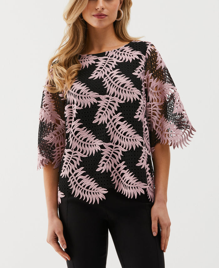 Scalloped Elbow Sleeve Lace Top (Zephyr)