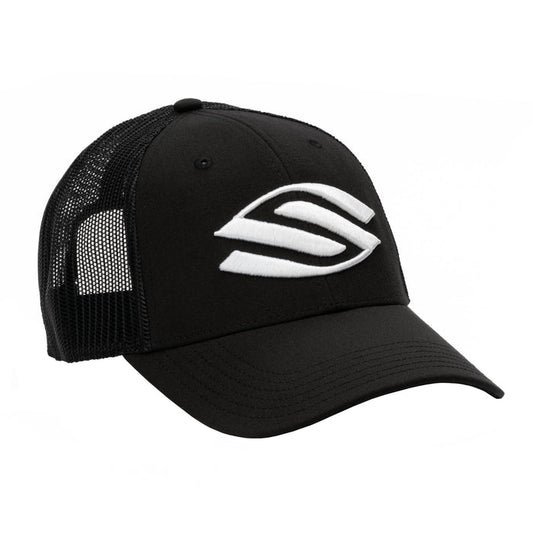 Black mesh-back trucker hat with curved brim and white embroidered abstract 'S' logo on front