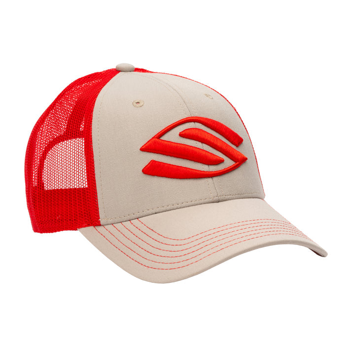 Beige and red trucker cap with red embroidered abstract logo on front and red mesh back