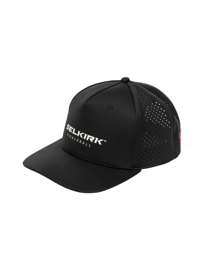 Black snapback cap with perforated mesh panels; white SELKIRK™ and PICKLEBALL text on front