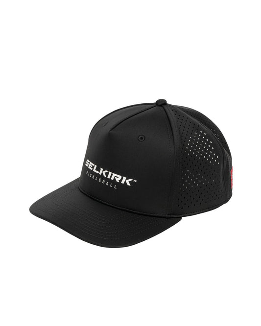 Black snapback cap with perforated mesh panels; white SELKIRK™ and PICKLEBALL text on front
