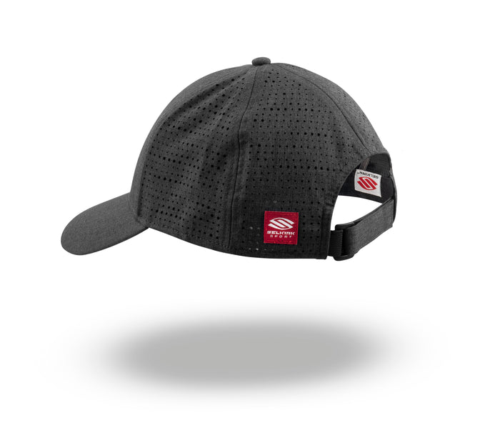Rear view of dark perforated baseball cap with adjustable strap and red brand patch reading SELECTION