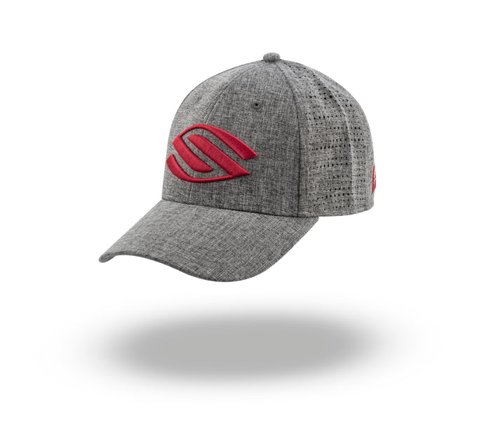 Gray heathered baseball cap with red stylized S-shaped logo on front and perforated back panel