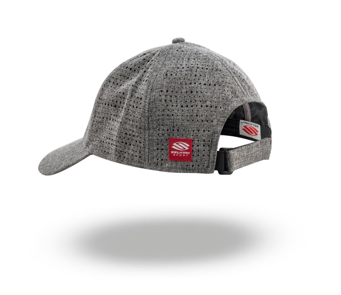 Gray textured adjustable baseball cap shown from the back with a red square tag on the strap