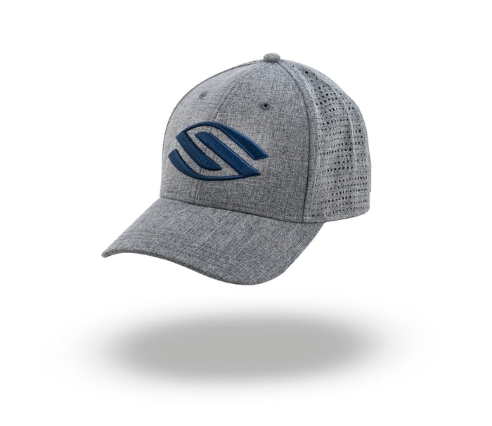 Heather-gray mesh baseball cap with blue embroidered logo and curved brim, floating above a soft shadow.