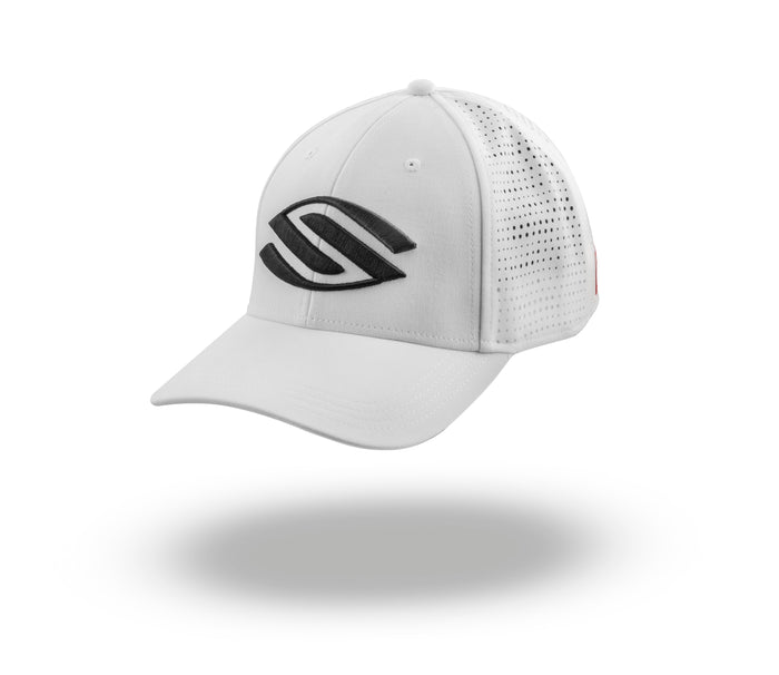 Three-quarter view of the Selkirk Premium Epic Performance Hat with lightweight white cap, perforated panel, and black logo