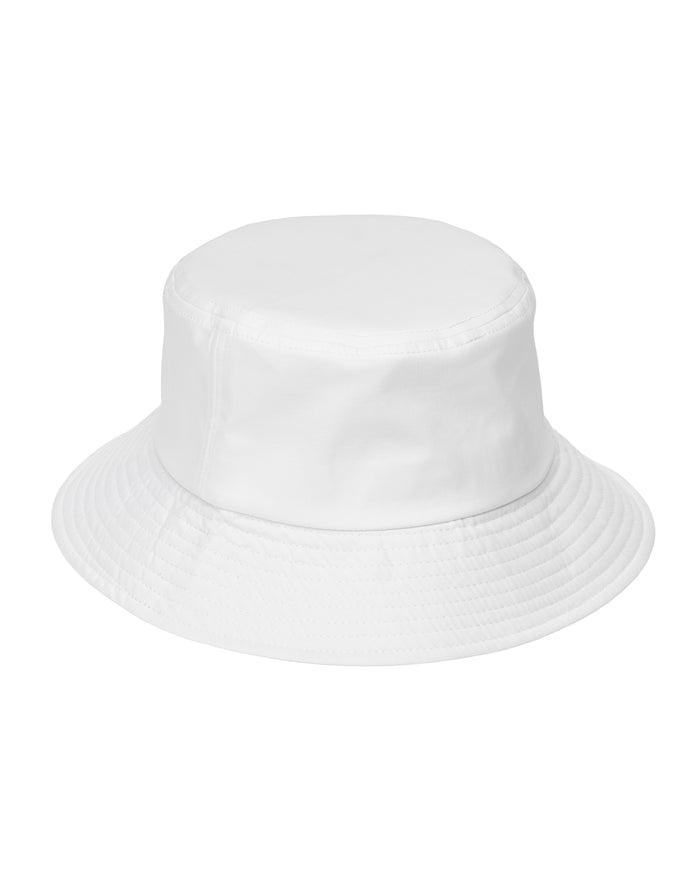 White bucket hat with stitched brim on plain white background.