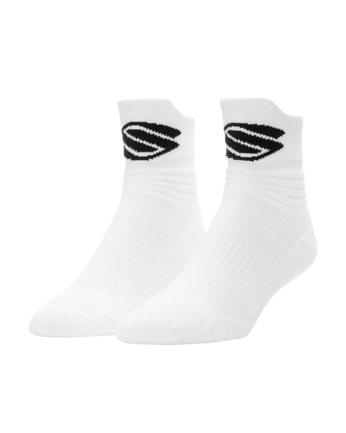 Pair of white ankle socks with black stylized S logo on each cuff