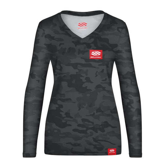 Women's long-sleeve V-neck black-gray camo shirt with red SELKIRK logo on chest and hem
