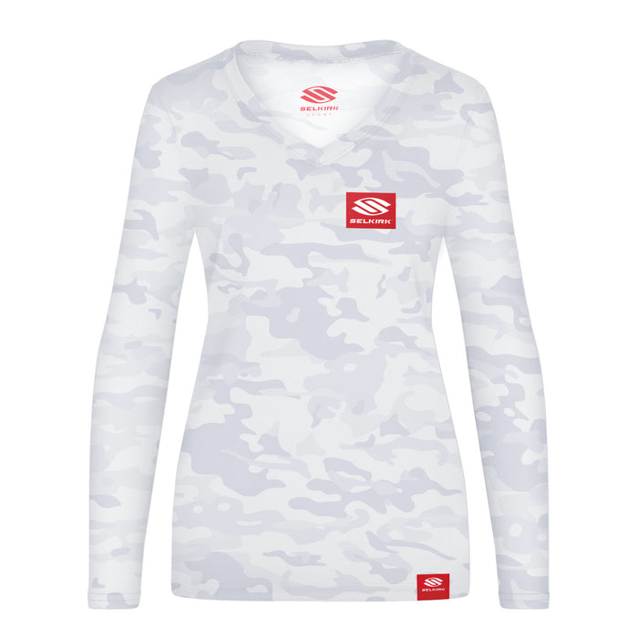 Women's long-sleeve white-gray camouflage V-neck shirt with red SELKIRK logo patches on chest and hem.