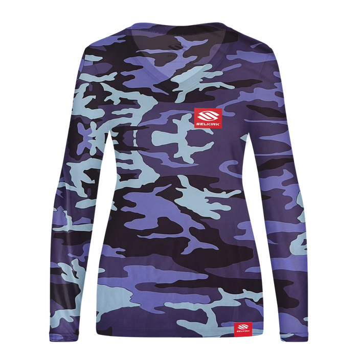 Purple-blue camouflage long-sleeve shirt with red 'SELKIRK' logo on chest and hem.