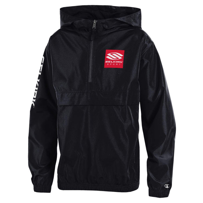 Black hooded windbreaker with a red square reading 'SELKIRK SPORT' on the chest and white 'SELKIRK' on the left sleeve.