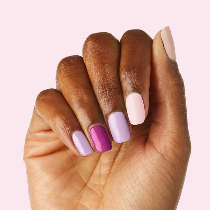 Sheer Luck showing a soft tonal pink and purple manicure with long-lasting polish for at home mani sessions