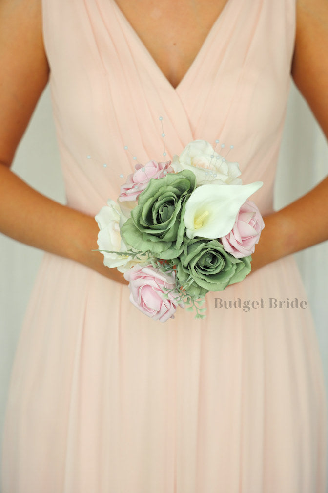 Silk Wedding Bouquet in Sage and Pink - $39.50 | Kiawah Collection