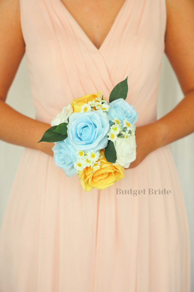 Silk Wedding Bouquet in Yellow and Sky Blue - $39.50 | Daytona Collection