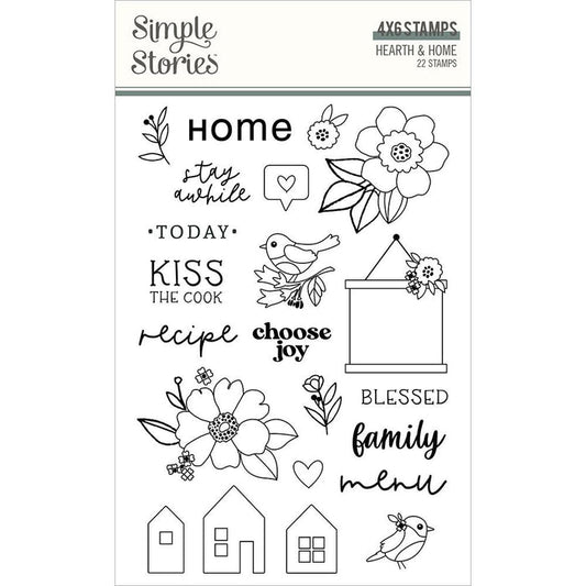 Simple Stories - Hearth & Home - Photopolymer Clear Stamps. Add wonderful images and phrases to cards and more with these clear stamps! This package contains Hearth & Home: a set of 22 stamps. Made in USA. Available at Embellish Away located in Bowmanville Ontario Canada.