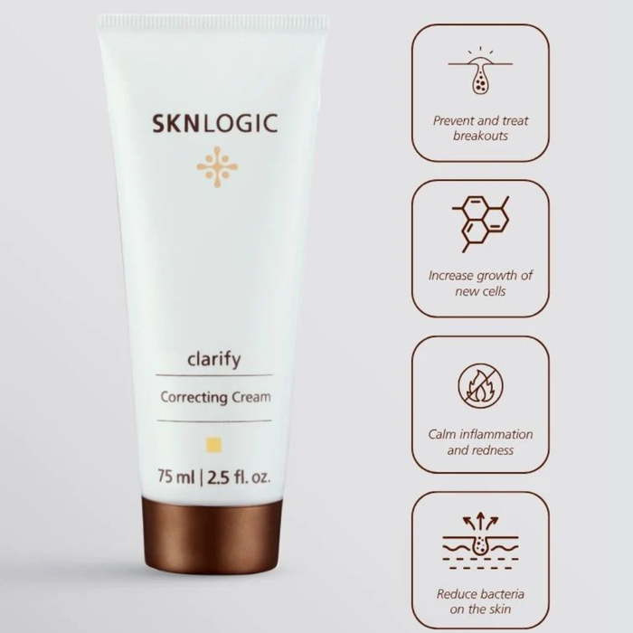 SKN014 SKNLOGIC Clarify Cream 75ml | SKNLOGIC clarify 75ml white squeeze tube with bronze cap and brown branding  on white background