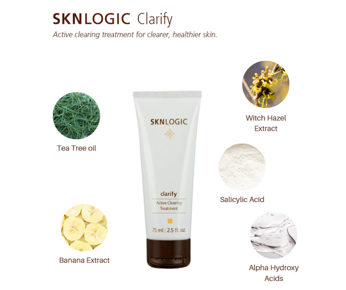SKNLOGIC Clarify skincare treatment with ingredients like Witch Hazel Extract, Tea Tree Oil, Salicylic Acid, and Alpha Hydroxy Acids on a white background.