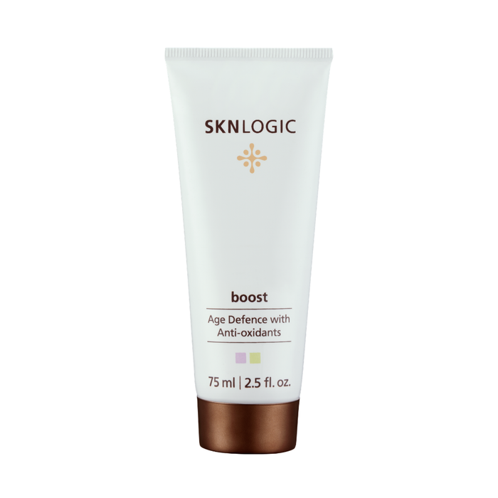 SKN031 SKNLOGIC Boost Age Defense with Antioxidants 75ml | A white squeeze tube of SKNLOGIC boost Age Defense with Antioxidants, featuring a metallic bronze cap, on a plain white background.