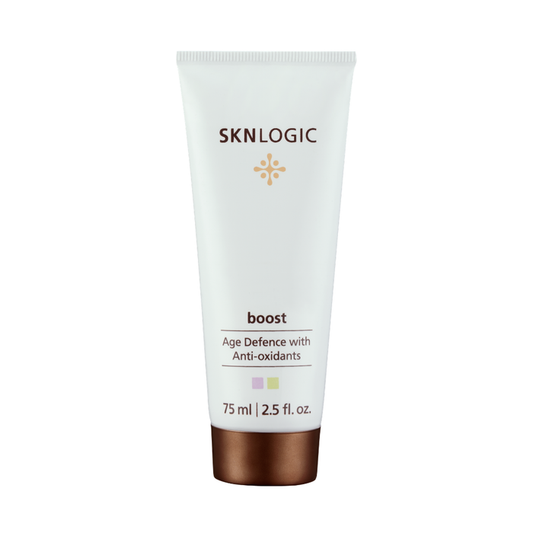 SKN031 SKNLOGIC Boost Age Defense with Antioxidants 75ml | A white squeeze tube of SKNLOGIC boost Age Defense with Antioxidants, featuring a metallic bronze cap, on a plain white background.