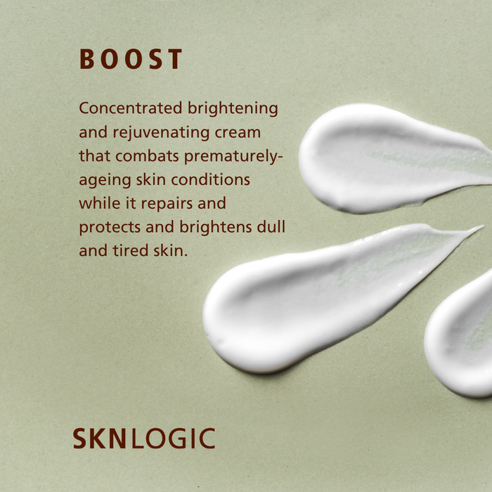 SKN031 SKNLOGIC Boost Age Defense with Antioxidants 75ml | Promotional skincare graphic for SKNLOGIC BOOST cream on a muted sage green background, featuring white cream swatches and descriptive text.