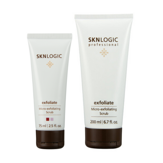 SKN005 SKN023SKNLOGIC Exfoliate Micro-Exfoliating Face Scrub | Two white squeeze tubes of SKNLOGIC exfoliate Micro-exfoliating Scrub, one 75 ml and one 200 ml, with dark brown caps, on a plain white background.
