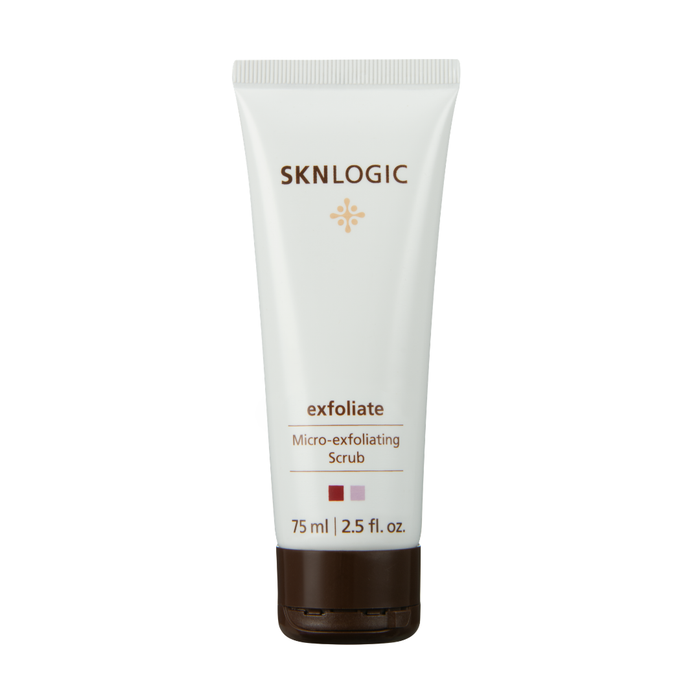 SKN005 SKNLOGIC Exfoliate Micro-Exfoliating Face Scrub | A white squeeze tube of SKNLOGIC Exfoliate Micro-exfoliating Scrub with a dark brown cap, shown on a plain white background.